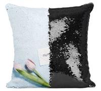 Fabulous Coussin avec Housse Sequin - Paillettes Noir Tulipes et Petit Mot Maman [40 x 40 cm] Noir G