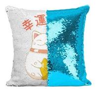 Fabulous Coussin avec Housse Sequin - Paillettes Turquoise Maneki Neko Chat [40 x 40 cm] Turquoise G