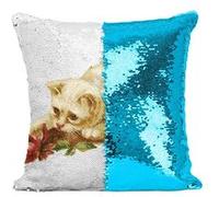 Fabulous Coussin avec Housse Sequin - Paillettes Turquoise Peinture Chat Blanc A Poils Longs Fleur Persan [40 x 40 cm] Turquoise G