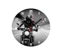 Fabulous Horloge Murale en Verre - Motard sur sa Moto dans Un Tunnel Noir et Blanc Vitesse Bécane Casque - Diamètre 20 cm - Blanc