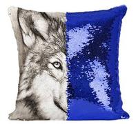 Fabulous Housse de Coussin à Sequin - Paillettes Bleu Dessin Tete De Loup Noir Et Blanc [40 x 40 cm] Bleu G