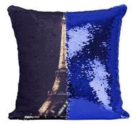 Fabulous Housse de Coussin à Sequin - Paillettes Bleu Face à la Tour Eiffel Illuminée la Nuit [40 x 40 cm] Bleu G