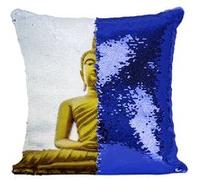 Fabulous Housse de Coussin à Sequin - Paillettes Bleu Grande Statue de Bouddha en Or [40 x 40 cm] Bleu G