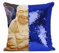 Fabulous Housse de Coussin à Sequin - Paillettes Bleu Petit Bouddha Assit Rieur Style Chinois [40 x 40 cm] Bleu G