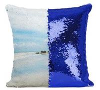 Fabulous Housse de Coussin à Sequin - Paillettes Bleu Plage Tropicale Sable D'Or et Cocotiers [40 x 40 cm] Bleu G