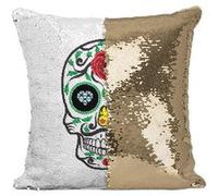 Fabulous Housse de Coussin à Sequin - Paillettes Doré Crane Muerte Mexique [40 x 40 cm] Doré G