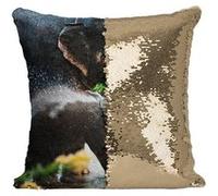 Fabulous Housse de Coussin à Sequin - Paillettes Doré Elephante d'Asie et son Petit a l'Heure du Bain [40 x 40 cm] Doré G
