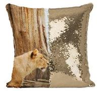 Fabulous Housse de Coussin à Sequin - Paillettes Doré Lionnes près d'un Arbre Savane [40 x 40 cm] Doré G