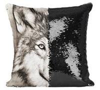 Fabulous Housse de Coussin à Sequin - Paillettes Noir Dessin Tete De Loup Noir Et Blanc [40 x 40 cm] Noir G