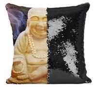Fabulous Housse de Coussin à Sequin - Paillettes Noir Petit Bouddha Assit Rieur Style Chinois [40 x 40 cm] Noir G