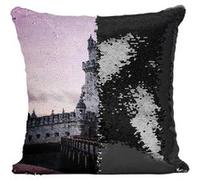 Fabulous Housse de Coussin à Sequin - Paillettes Noir Soleil Couchant sur la Tour de Belem Lisbonne [40 x 40 cm] Noir G