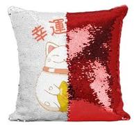 Fabulous Housse de Coussin à Sequin - Paillettes Rouge Maneki Neko Chat [40 x 40 cm] Rouge G