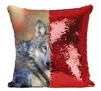 Fabulous Housse de Coussin à Sequin - Paillettes Rouge Tete de Loup Vie Animale [40 x 40 cm] Rouge G