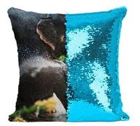 Fabulous Housse de Coussin à Sequin - Paillettes Turquoise Elephante d'Asie et son Petit a l'Heure du Bain [40 x 40 cm] Turquoise G