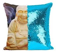 Fabulous Housse de Coussin à Sequin - Paillettes Turquoise Petit Bouddha Assit Rieur Style Chinois [40 x 40 cm] Turquoise G