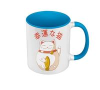 Fabulous Mug de Couleur Qualité Premium Bleu - Maneki-Neko Chat Japon Asie Culture Chine Porte Bonheur - Tasse avec anse et intérieur de couleur