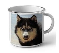 Fabulous Mug en Métal Emaillé Husky Chien Loup Noir Portrait Yeux Bleus Plage