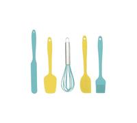 Fackelmann 42736 Set de 5 ustensiles de pâtisserie pour enfants, ustensiles pâtisserie silicone, Silicone, Acier inoxydable, Bleu, Jaune, Environ 21 cm