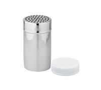 Fackelmann 42909 saupoudreuse pour sucre glace, saupoudreuse en inox, boite a sucre glace, distributeur à cacao, acier inoxydable, 13 x 7 cm, Argent/Blanc