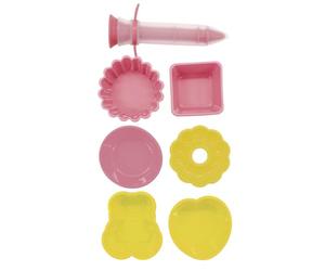 Fackelmann 44896 Set de 7 ustensiles de pâtisserie avec stylo de décoration, mini moules, kit enfant, moule fantaisie, seringue pâtisserie, Silicone, Thermoplastique, Rose, Jaune, De 5,3 cm à 12 cm