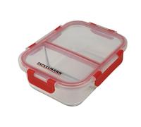 Fackelmann 47394 Boite de conservation en verre à 2 compartiments 1050mL, Lunchbox en verre et couvercle hermétique à clips, Verre, Plastique, Rouge, 21x16cm