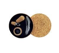 Fackelmann 49814 Coffret pour bouteille de vin contenant 3 pièces, tire bouchon, bouchon à vin, collier anti-gouttes, coffret vin rouge, coffret cadeau, idée cadeau, Liège, Inox, Diam 14,8 cm