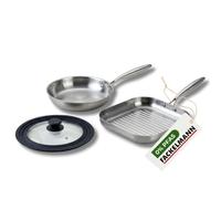 Fackelmann 9240150 Set Poêle à Frire 26 cm et Gril 28 cm en Acier Inoxydable 18/10 Triply, Couvercle Universel, Tous Feux, Induction et Four, Cuisson Saine Sans PFAS, Lave-Vaisselle, Manche Riveté