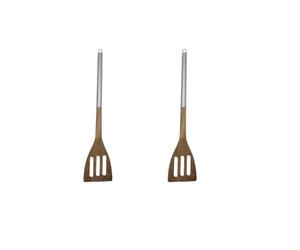 Fackelmann 9312550 Lot de 2 spatules ajourée en bois, Bois d'acacia, Acier inoxydable, Brun, 35,5 x 7,4 x 1,5 cm