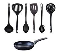 Fackelmann 9428750 Set antiadhésive céramique 20 cm sans PFAS et 6 ustensiles de cuisine, poêle de cuisson, poêle sans PFAS, poêle tous feux, poêle induction, Aluminium, RPET, Noir, Vert, 20 cm
