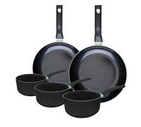 Fackelmann 9430850 Ensemble de 2 poêles de 28 et 30 cm et 3 casseroles 16, 18 et 20 cm, revêtement céramique antiadhésif, sans PFAS, tous feux, induction, four, Aluminium, Noir, Vert, 16, 18 et 20 cm