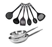 Set de 2 poêles 24 et 28 cm en inox et 6 ustensiles Fackelmann Eterna