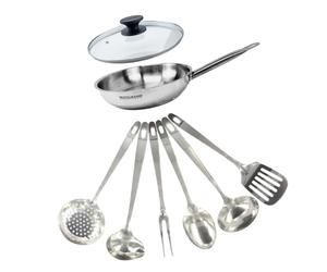 Fackelmann 9440050 Set poêle 24 cm en inox 18/8, Couvercle verre et 6 ustensiles inox, Poêle tous feux, Poêle induction, Poêle sans PFAS, Manche riveté, Inox, Verre, 24 cm