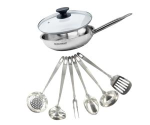 Fackelmann 9440150 Set poêle 28 cm en inox 18/8, Couvercle verre et 6 ustensiles inox, Poêle tous feux, Poêle induction, Poêle sans PFAS, Manche riveté, Inox, Verre, 28 cm
