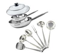 Fackelmann 9440350 Set poêles 20 et 28 cm en inox 18/8, Couvercle verre et 6 ustensiles inox, Poêle tous feux, Poêle induction, Poêle sans PFAS, Manche riveté, Inox, Verre, 20 et 28 cm