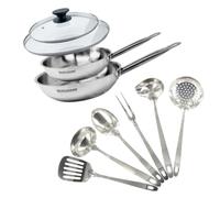Fackelmann 9440450 Set poêles 24 et 28 cm en inox 18/8, Couvercle verre et 6 ustensiles inox, Poêle tous feux, Poêle induction, Poêle sans PFAS, Manche riveté, Inox, Verre, 24 et 28 cm