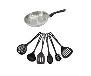 Fackelmann 9440950 Set poêle 24 cm en inox 18/8 et 6 ustensiles RPET, Poêle de cuisson, Poêle tous feux, Poêle induction, Poêle sans PFAS, Acier inoxydable 18/8, RPET, 24 cm