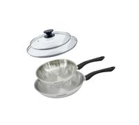 Fackelmann 9442050 Lot de 2 poêles 24 et 28 cm en acier inoxydable 18/8 et couvercle en verre, poêle à frire, pour tous types de plaques à induction, poêle sans PFAS, acier inoxydable 18/8, verre, 24