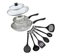 Fackelmann 9443050 Set 2 poêles 20 et 28 cm en inox 18/8, Couvercles verre et 6 ustensiles RPET, Poêle tous feux, Poêle induction, Poêle sans PFAS, Acier inoxydable 18/8, Verre, RPET, 20 et 28 cm