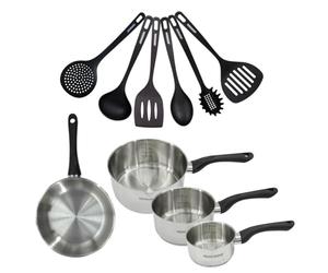 Fackelmann 9443550 Set poêle 24 cm et 3 casseroles 12 16 et 20 cm en inox 18/8, tous feux, induction, sans PFAS, Acier inoxydable 18/8, 12 16 20 et 24 cm, Gris Clair