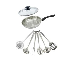 Fackelmann 9445450 Set poêle 24 cm en inox 18/8, Couvercle verre et 6 ustensiles inox, Poêle de cuisson, Poêle tous feux, Poêle induction, Poêle sans PFAS, Acier inoxydable 18/8, Verre, 24 cm