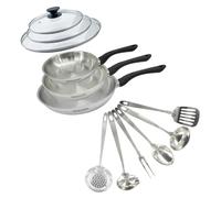 Fackelmann 9445950 Lot de 3 poêles de 20, 24 et 28 cm en acier inoxydable 18/8, 2 couvercles en verre et 6 ustensiles de cuisine, poêle pour tous types de feux, poêle à induction, poêle sans PFAS