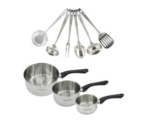 Fackelmann 9446050 Set 3 casseroles 12 16 et 20 cm en inox 18/8 et 6 ustensiles inox, tous feux, induction, sans PFAS, Acier inoxydable 18/8, 12 16 20 cm, Gris Pierre