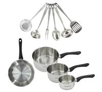 Fackelmann 9446150 Set 1 poêle 20 cm, 3 casseroles en inox 18/8 et 6 ustensiles inox, tous feux, induction, sans PFAS, Acier inoxydable 18/8, 12 16 20 cm, Gris Argent