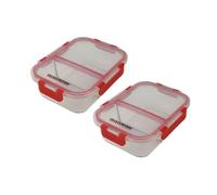 Fackelmann 9941750 Lot de 2 boites de conservation en verre à 2 compartiments 1050mL, Lunchbox en verre et couvercle hermétique à clips, Verre, Plastique, Rouge, 21x16cm