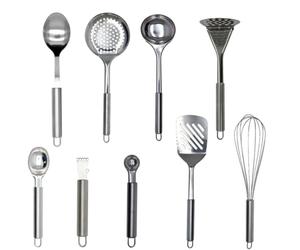 Fackelmann 9990450 Ensemble d'ustensiles de cuisine, 9 pièces, zesteur, cuillère à glace et melon, écumoire, louche, presse purée, fouet, cuillères, Acier inoxydable, De 16 à 33,5 cm