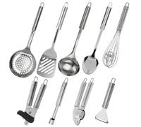 Fackelmann 9990950 Ensemble de 9 ustensiles de cuisine en inox, vide-pommes, éplucheur, presse-ail, ouvre-boîtes, pelles et cuillères, écumoires, louche, Acier inoxydable, Gris, de 19,5 à 36 cm