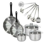 Fackelmann Batterie inox 2 poêles 24/28 cm et faitouts | Set complet cuisine, 2 poêles et 3 faitouts, Inox 18/8, Fond 18,1 cm, Tous feux induction, 6 ustensiles inclus, Sans PFAS