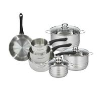 Batterie de cuisine avec 1 poêle 20 cm 3 casseroles 12/16/20 cm et 3 faitouts 16/20/24 cm en inox sans PFAS Fackelmann Généva Brillant