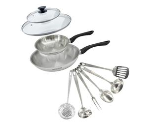 Fackelmann Ensemble Geneva 2 Poêles 20 et 28 cm Inox 18/8, 2 Couvercles Verre, 6 Ustensiles Inox, Poêle Tous Feux, Induction, Sans PFAS, Anthracite, 10 Pièces, 1 Unité