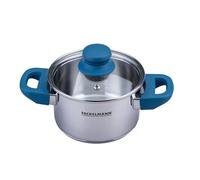 FACKELMANN Essential Casserole en acier inoxydable, diamètre 14 cm, poignées en bakélite bleu foncé, fond capsulé économe en énergie, avec couvercle en verre, bleu